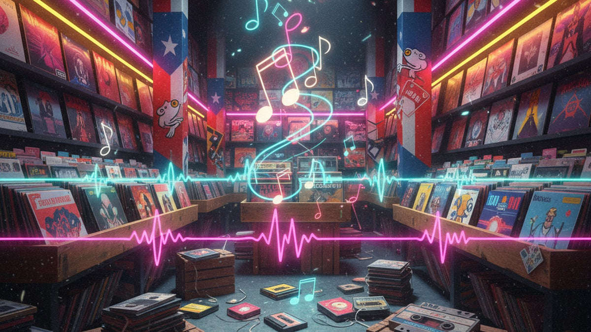 Bad Bunny discografía y outfits — vintage vinyl record store, neón rosa amarillo, álbumes Conejo Malo