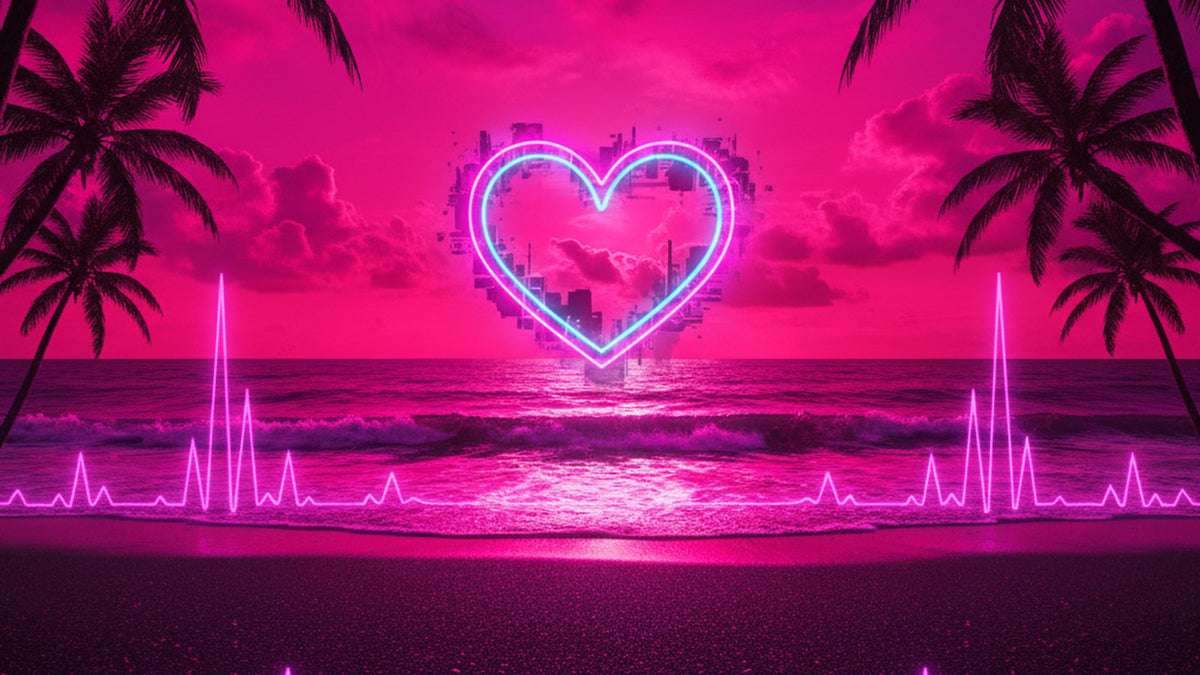 Bad Bunny ropa guía 2026 — Puerto Rico beach neón rosa magenta, palmeras, corazón neón