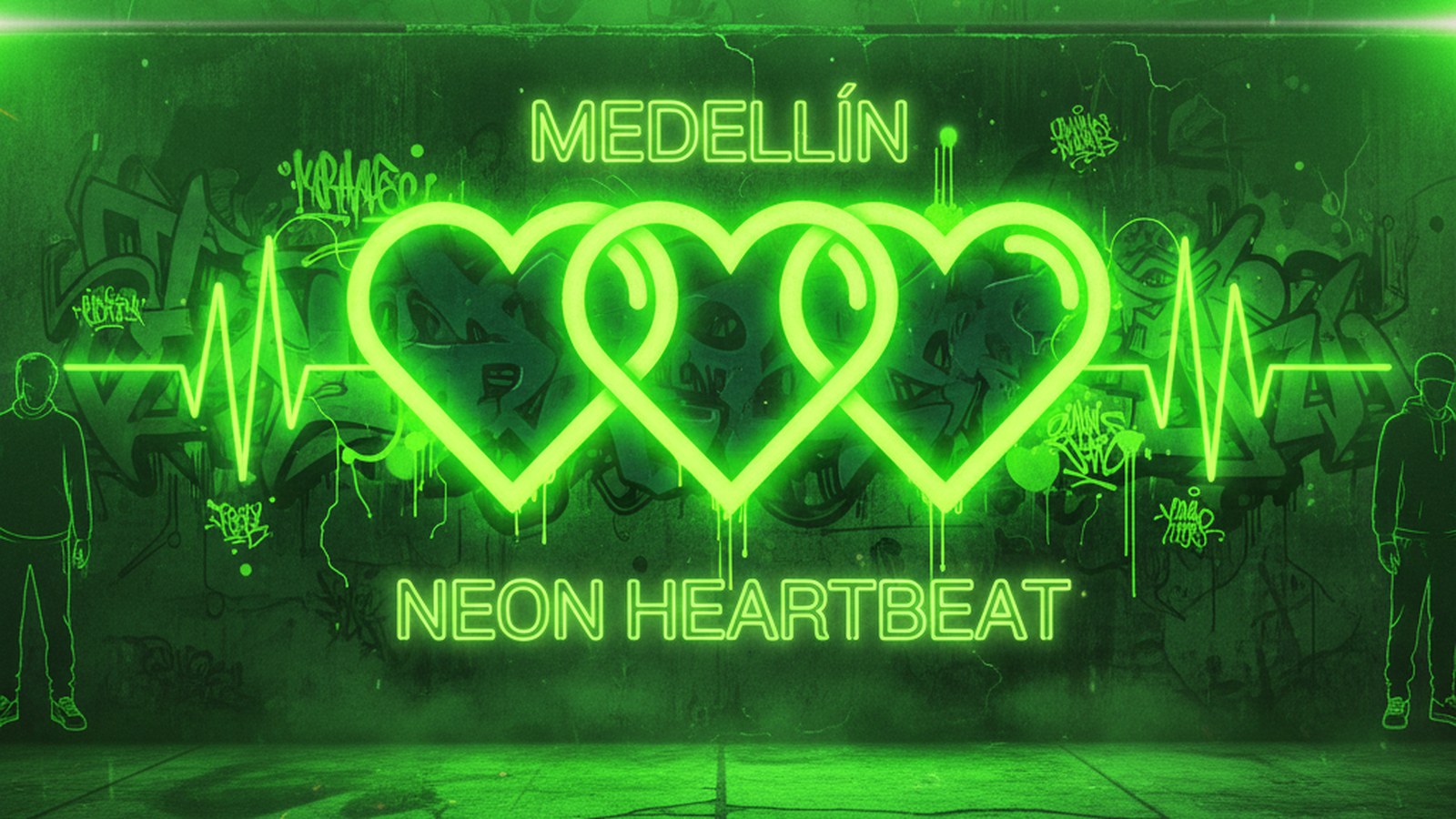 Feid Ferxxo Mor No Le Temas guía 2026 — Medellín street verde flúor, tres corazones verdes graffiti