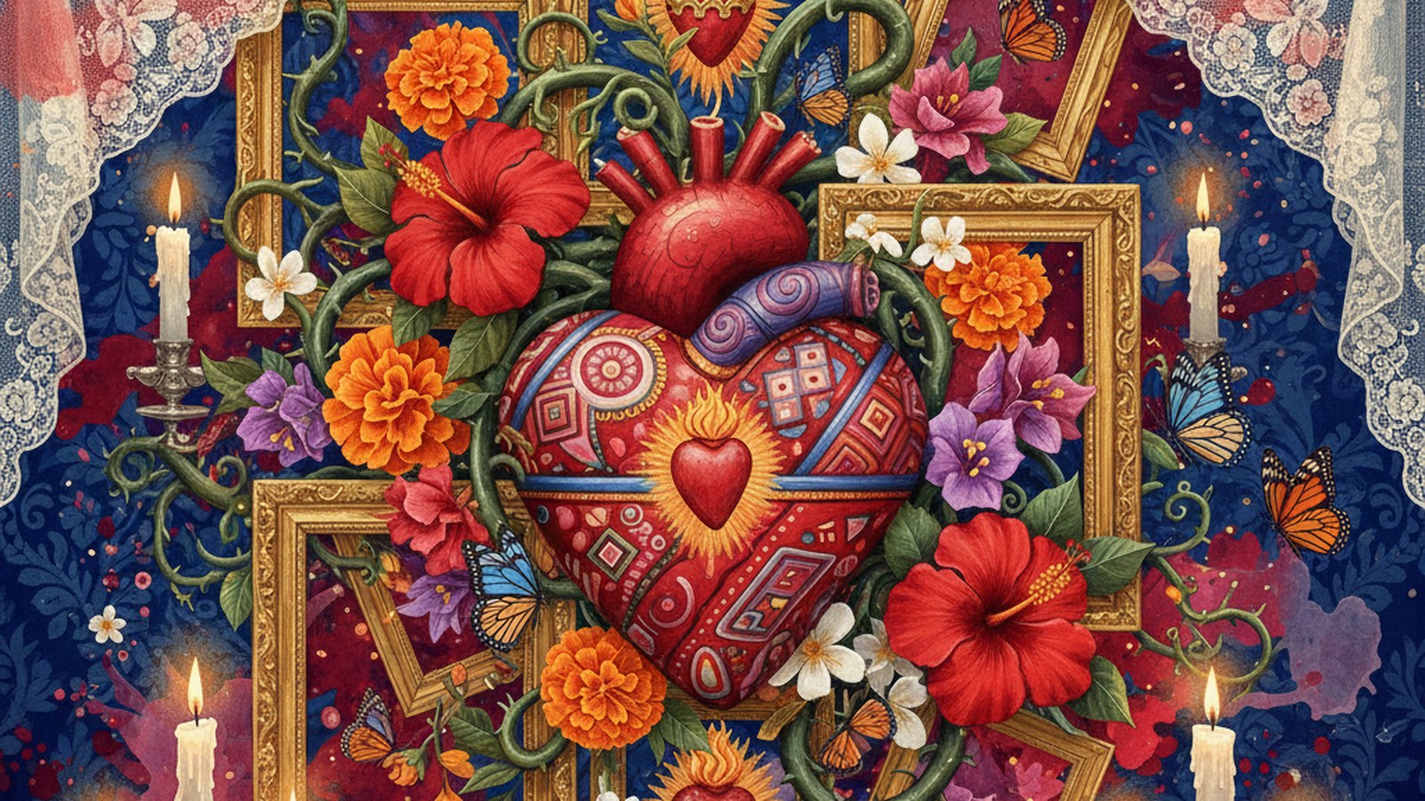 Frida Kahlo ícono feminista — corazón pintado con espinas, papel picado, rosas rojas, mantilla española