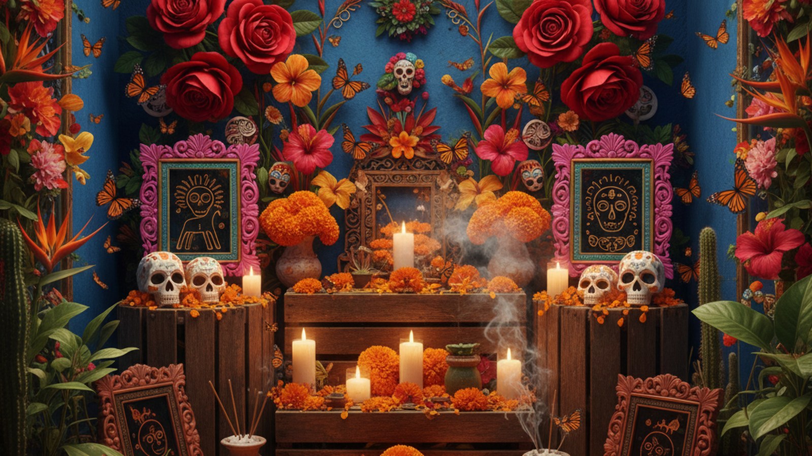 Frida Kahlo arte mexicano guía 2026 — Casa Azul Coyoacán, rosas rojas, mariposas monarca, calacas