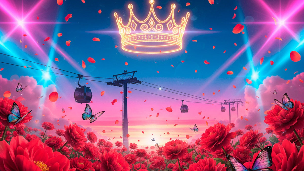 Karol G La Bichota Mañana Será Bonito — flores rosadas, mariposas, Medellín cable car, corona dorada