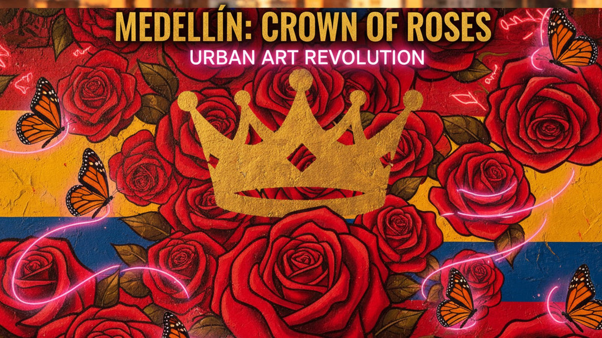 Karol G estilo Bichota guía 2026 — Medellín street art, rosas rojas, mariposas, corona