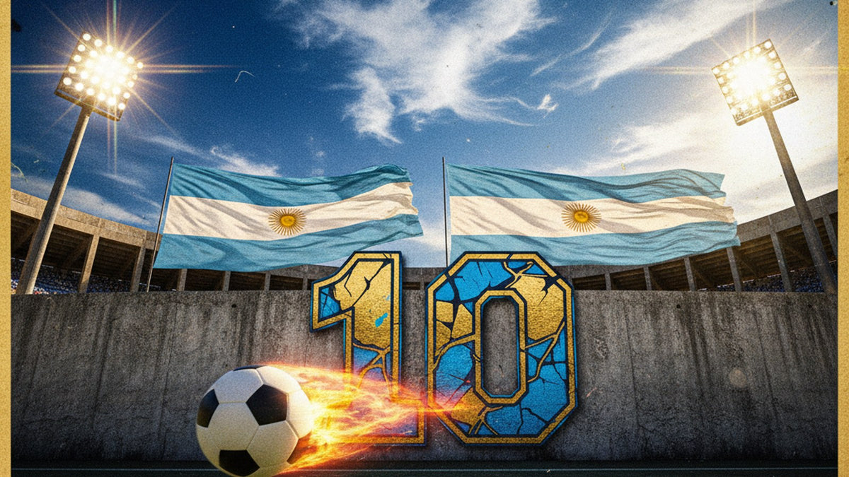 Maradona D10S guía 2026 — banderas Argentina, número 10 graffiti, balón con motion blur
