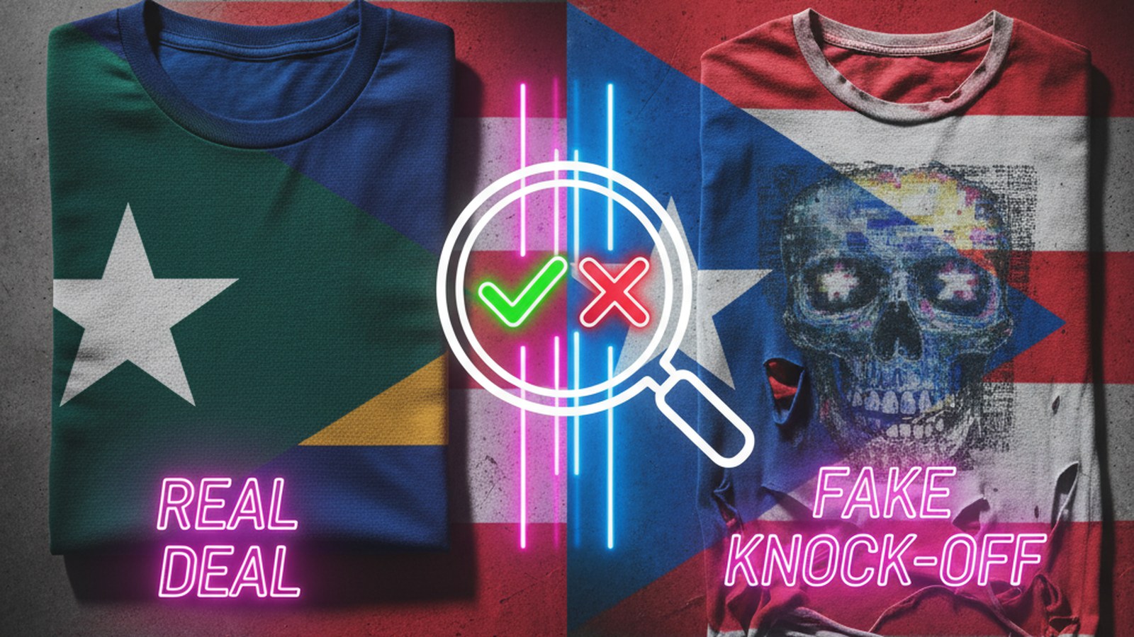 Merch Bad Bunny auténtico vs falso guía 2026 — split screen comparación playera real vs falsificación