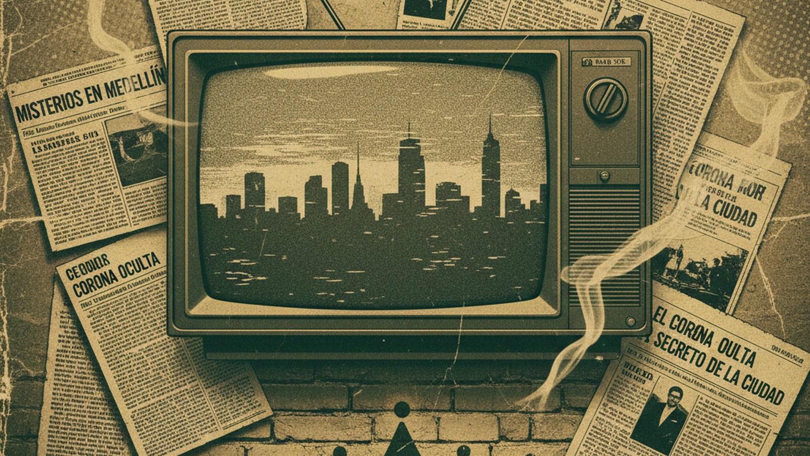 Pablo Escobar cultura pop Narcos — TV vintage CRT static, pop art halftone, periódicos español, corona stencil