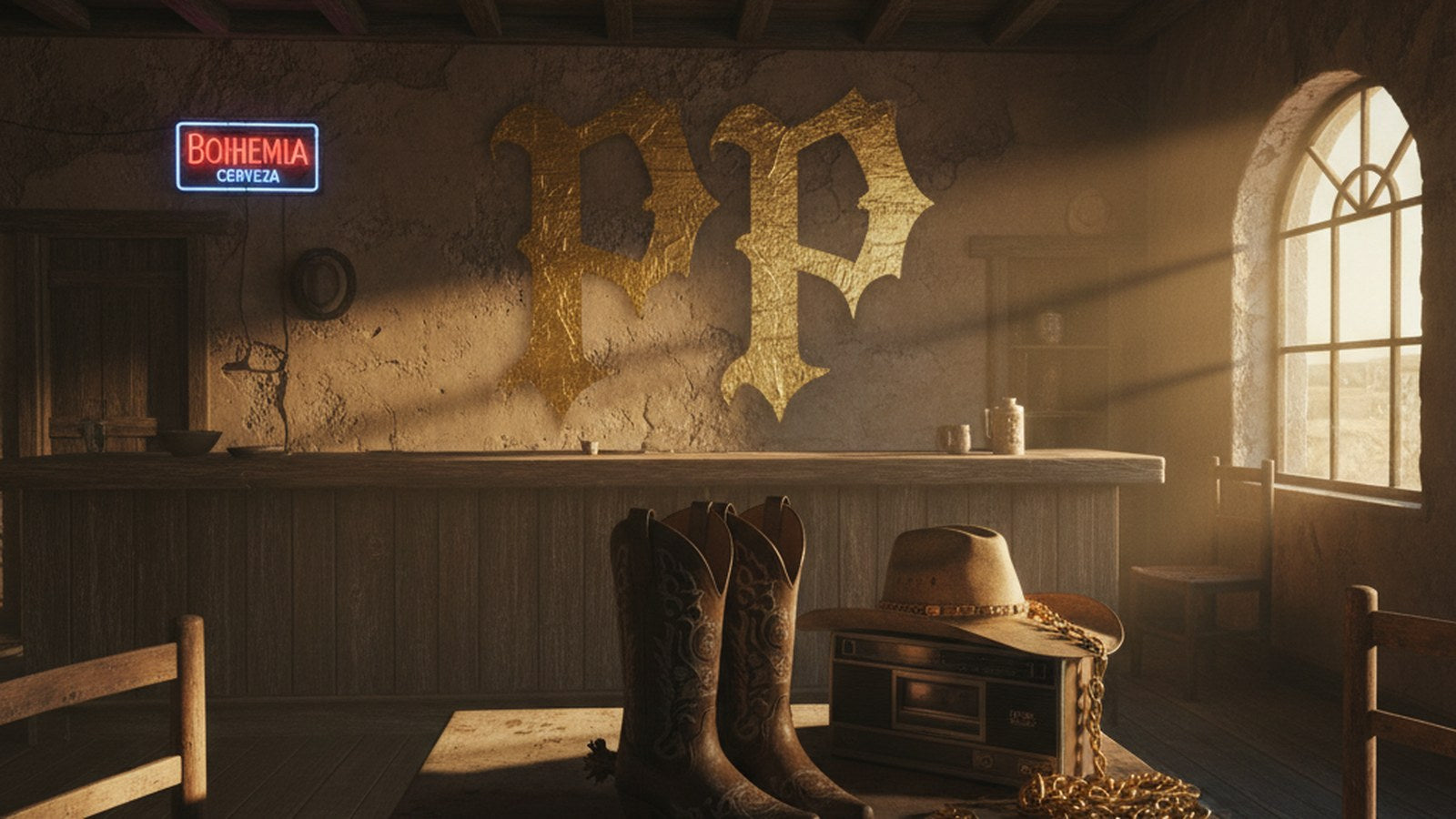 Peso Pluma Doble P corridos tumbados — saloon norteño México, PP graffiti dorado, sombrero vaquero