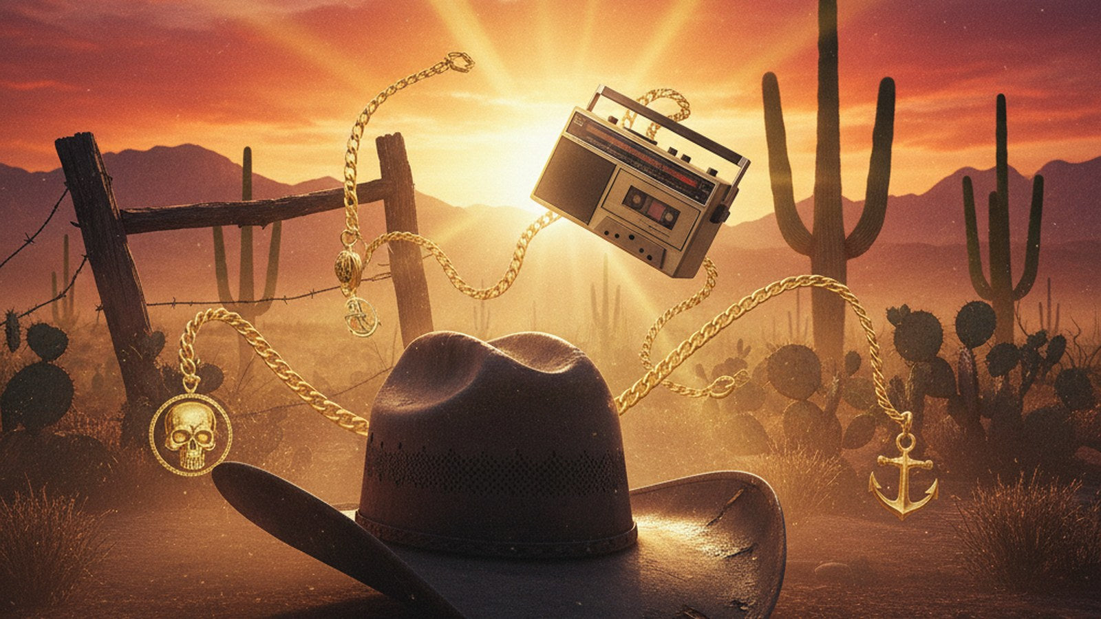 Peso Pluma corridos tumbados guía 2026 — desierto norte mexicano, sombrero vintage, atardecer dramatic