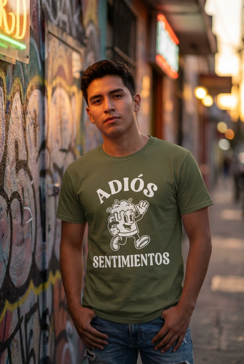 Hombre latino en playera verde militar Adiós Sentimientos en calle urbana — Bad Bunny LOSMIOS