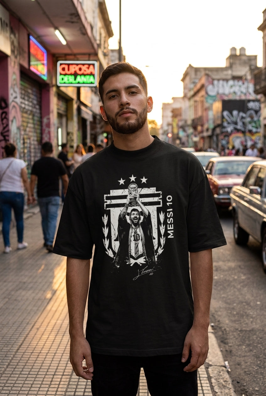 Hombre latino en playera oversize negra Messi el 10 en calle urbana — Fútbol LOSMIOS