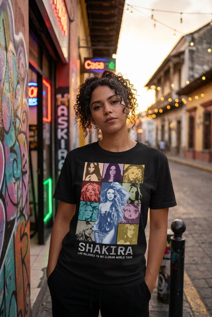 Mujer latina en playera Shakira Tour en calle urbana — Más Vendidos LOSMIOS