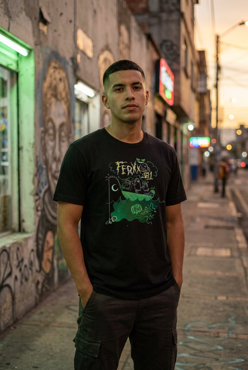 Hombre latino en playera negra Ferxxo 151 en calle urbana — Reggaeton LOSMIOS