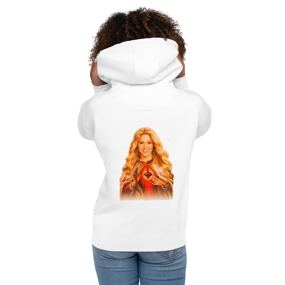 Hoodie Sagrado Corazón Mujer Rubia Manto Dorado - Modelo femenina espalda