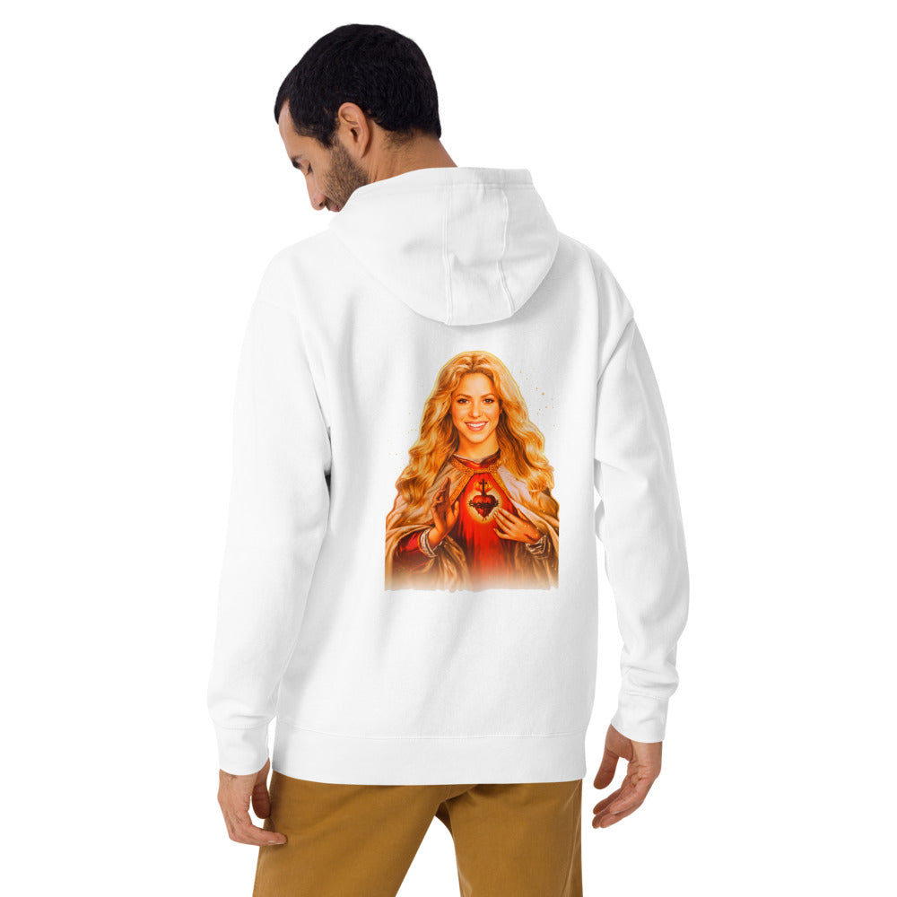 Hoodie Sagrado Corazón Mujer Rubia Manto Dorado - Modelo masculino espalda 2