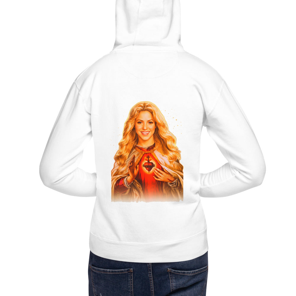 Hoodie Sagrado Corazón Mujer Rubia Manto Dorado - Modelo masculino espalda