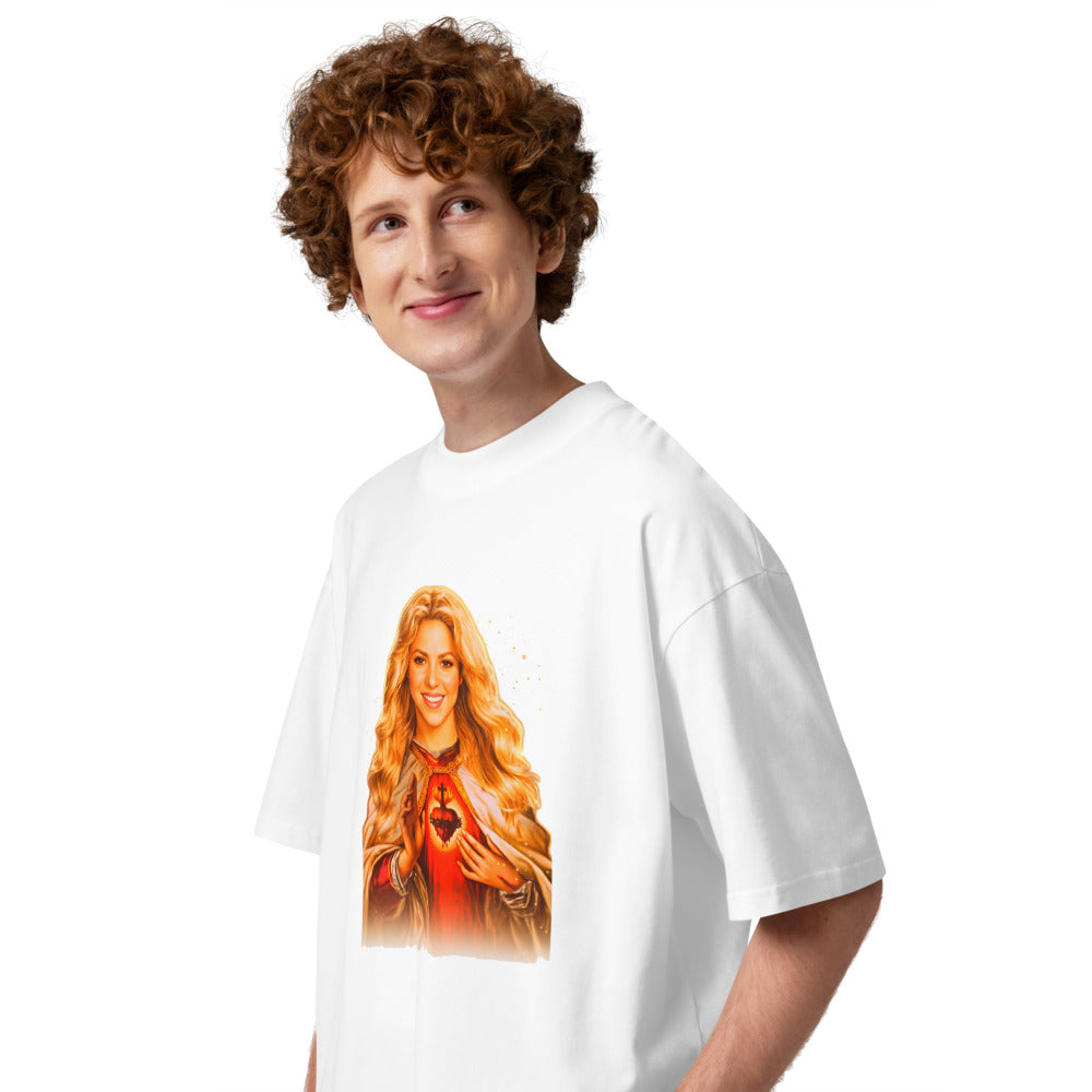 Oversize Sagrado Corazón Mujer Rubia Manto Dorado - Modelo masculino lateral