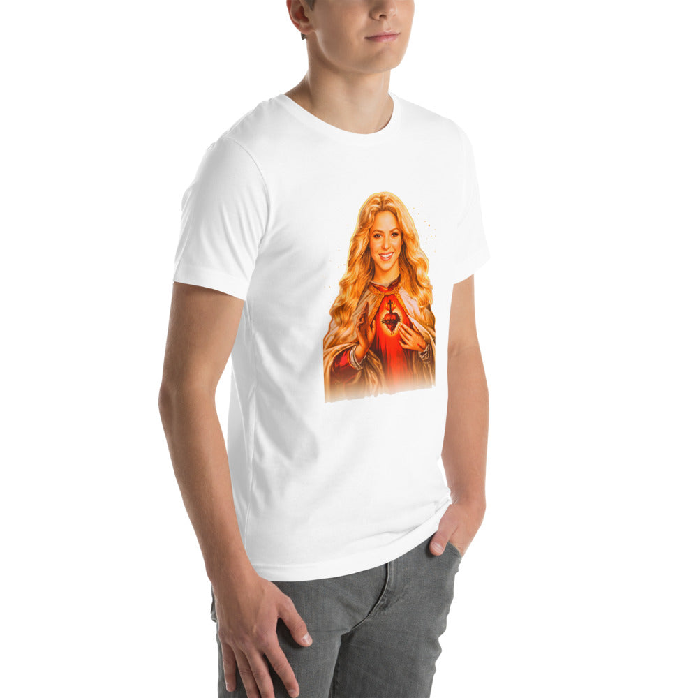 Playera Sagrado Corazón Mujer Rubia Manto Dorado - Modelo masculino lateral