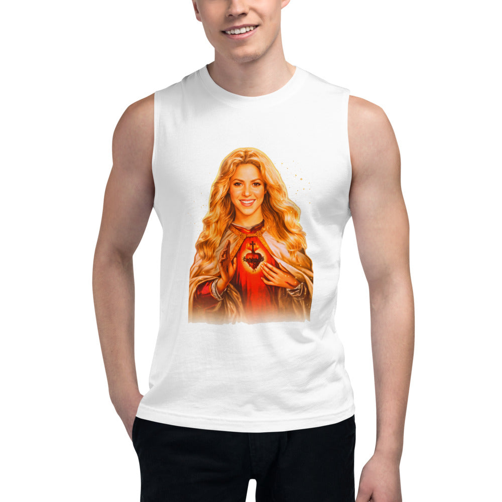 Sin mangas Sagrado Corazón Mujer Rubia Manto Dorado - Modelo masculino