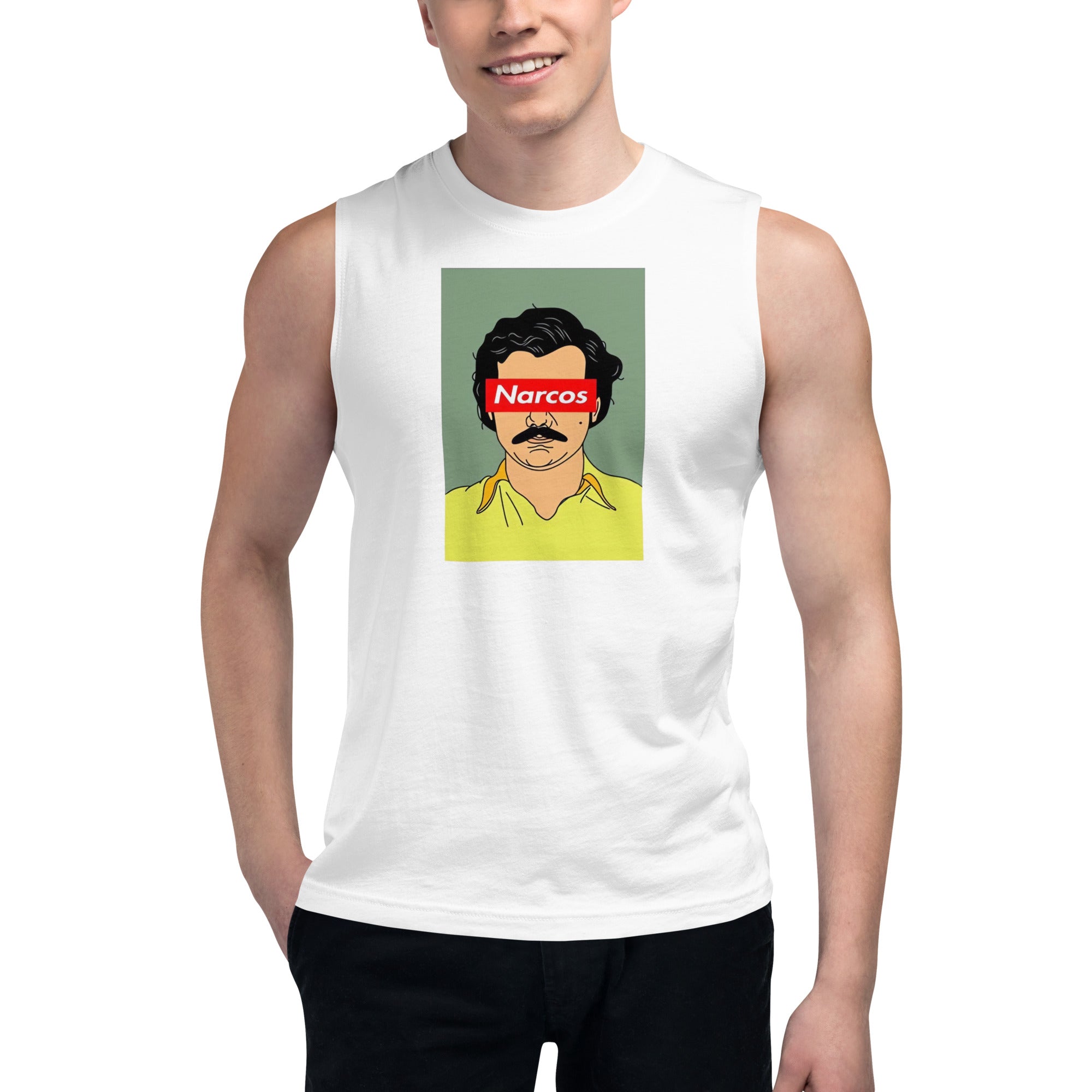 Camiseta sin mangas N@rcos: el emblema de orgullo colombiano con calidad excepcional y estampado que resiste el paso del tiempo.