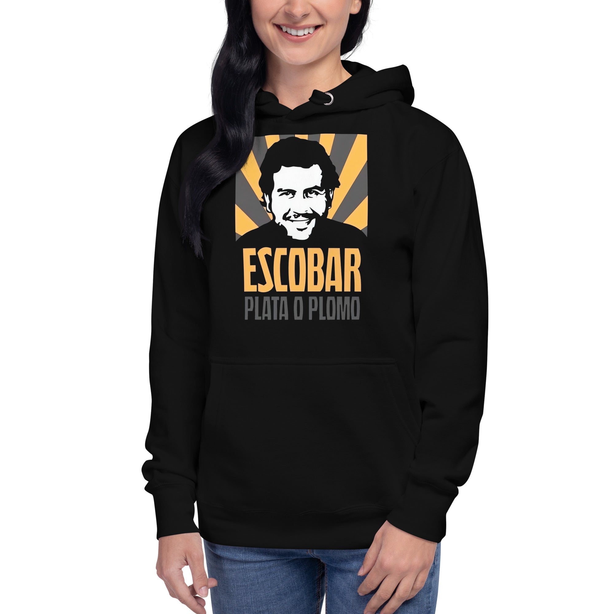 Sudadero con capucha Escobar Plata: el emblema de orgullo colombiano con calidad excepcional y estampado que resiste el paso del tiempo.
