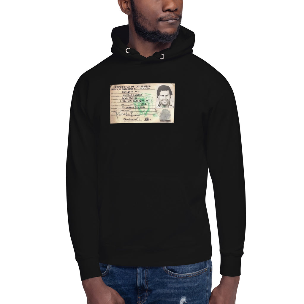 Sudadero con capucha Pablo DNI: el emblema de orgullo colombiano con calidad excepcional y estampado que resiste el paso del tiempo.