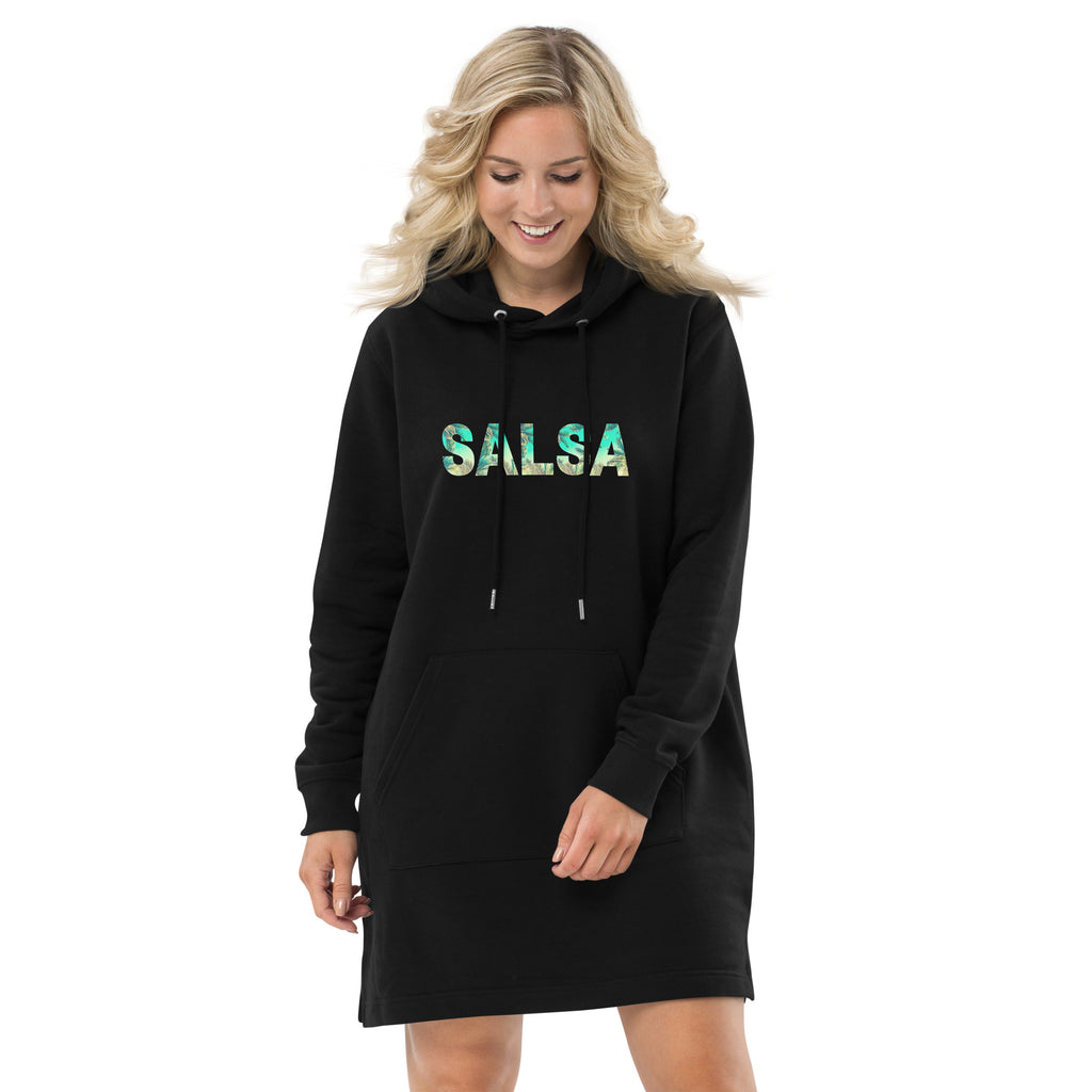 Vestido sudadera Salsa: diseño colombiano exclusivo de Losmios, 85% algodón y 15% poliéster reciclado, cómodo y eco-amigable.