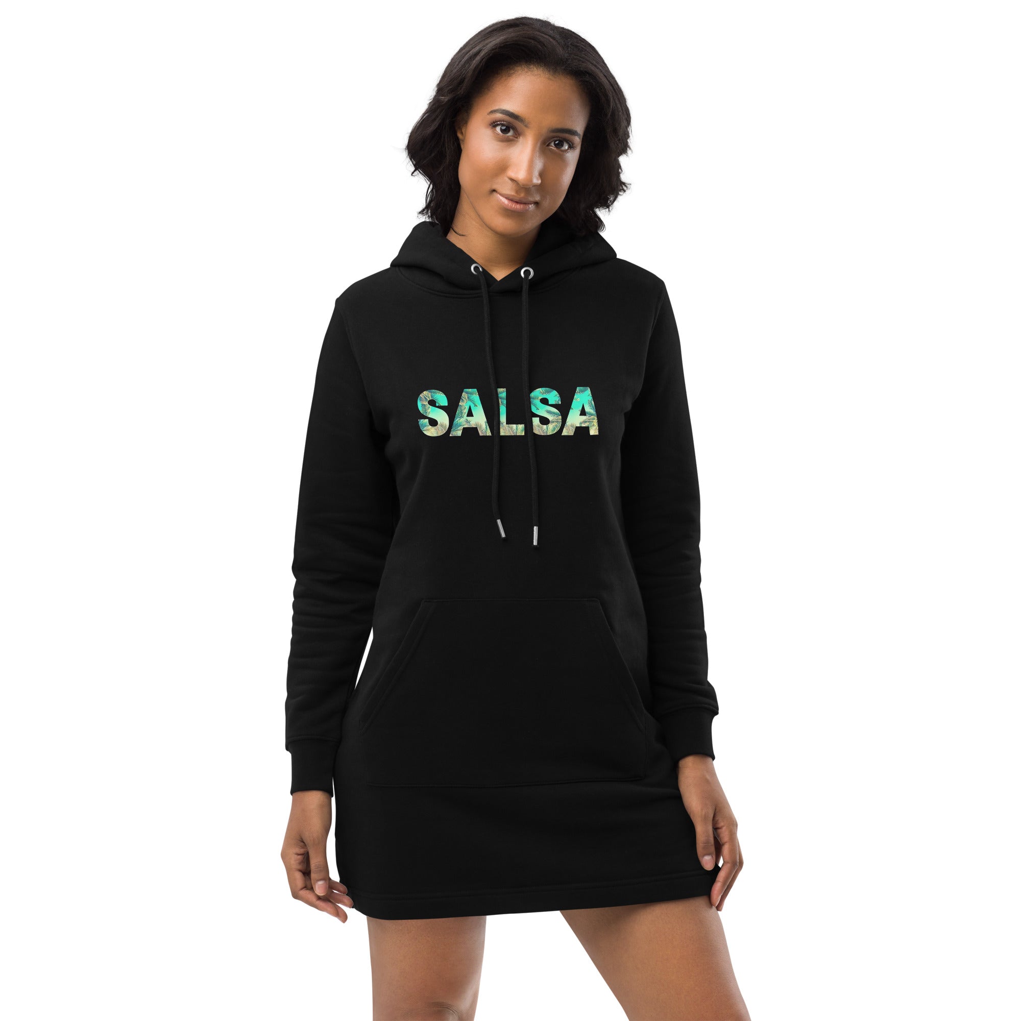Vestido sudadera Salsa: diseño colombiano exclusivo de Losmios, 85% algodón y 15% poliéster reciclado, cómodo y eco-amigable.
