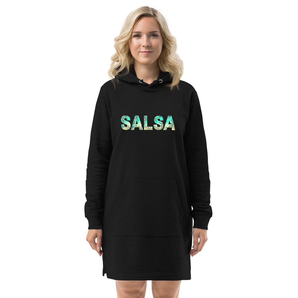 Vestido sudadera Salsa: diseño colombiano exclusivo de Losmios, 85% algodón y 15% poliéster reciclado, cómodo y eco-amigable.
