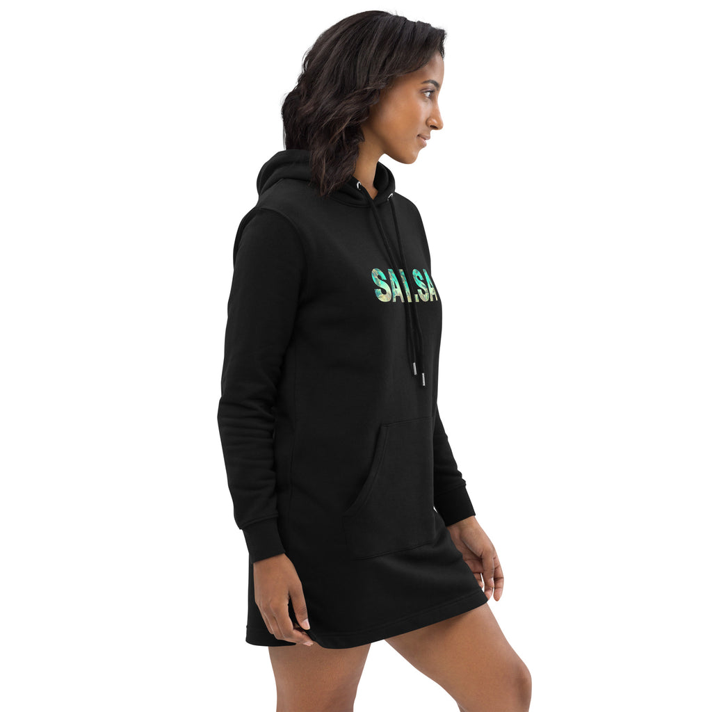 Vestido sudadera Salsa: diseño colombiano exclusivo de Losmios, 85% algodón y 15% poliéster reciclado, cómodo y eco-amigable.